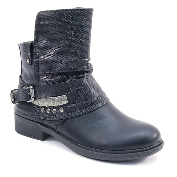 Details about   Punk Womens Rivet Studded Ankle Boots Leather Point Toe Buckle Zip Riding Shoes